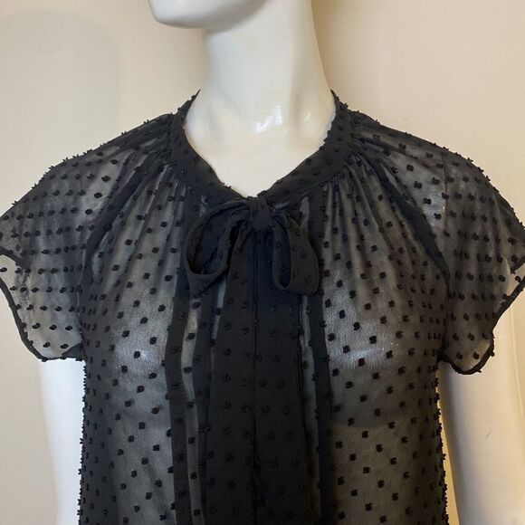 Loft Black Button Down Top Sheer Chiffon with Tie at Neckline Size XS - Picture 2 of 7
